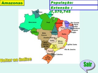 Amazonas
 Manaus    População:
           3,311,028 :
           Extensão
           1,570,745
 