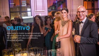 Arrecadar a maior quantia possível de
recursos através de boa percepção
do evento com seus convidados,
atrações e Leilão.
OBJETIVO
 