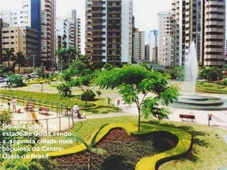 Goiânia capital do estado de  Goiás ,sendo a  segunda cidade mais populosa do Centro-Oeste do Brasil. 