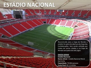 ESTÁDIO NACIONAL
Reconstruído para a Copa do Mundo o
estádio foi palco da abertura da Copa das
Confederações. Vem sendo utilizado por
clubes de outras cidades e na Copa do
Mundo será palco de sete jogos.
DADOS GERAIS
Estádio Nacional
Nome oficial: Estádio Nacional Mané
Garrincha
Capacidade: 70.064 pessoas
Custo final: R$ 1,5 bilhão
 