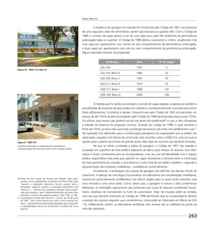 Brasília 1960 2010
263
A exigência de garagem em subsolo foi introduzida pelo Código de 1967, na proporção
de uma vaga para cada três dormitórios, porém opcional para as quadras 400. Com o Código de
1989, o número de vagas passou a ser de uma vaga para cada três ambientes de permanência
prolongada (salas ou quartos). O Código de 1998 alterou novamente o critério: atualmente é de
uma vaga por apartamento com menos de oito compartimentos de permanência prolongada,
e duas vagas por apartamento com oito ou mais compartimentos de permanência prolongada.
Alguns exemplos ilustram tal progressão:
Endereço Ano No
de vagas
SQS 108 1957 0
SQS 103, Bloco K 1966 52
SQS 204, Bloco C 1967 50
SQS 211, Bloco D 1973 52
SQN 311, Bloco I 1998 102
SQN 109, Bloco A 2000 108
À medida que foi sendo aumentado o número de vagas exigidas, ampliava-se também a
possibilidade de ocupação da área pública em subsolo e, consequentemente, a ocasião para serem
feitos aﬂoramentos, trincheiras e taludes. Enquanto que pelo Código de 1967 era permitido um
avanço de até 150% da área da projeção, pelo Código de 1989 tal proporção passou para 155%.
Em ambos, esse avanço não poderia ocorrer sob áreas non-aediﬁcandi30
e ruas, e nem ultrapassar
a metade da distância de projeções vizinhas. Quando do Código de 1998, o qual manteve o
limite de 155%, já havia sido suprimida a proibição de avanços sob áreas non-aediﬁcandi e ruas.31
Tal supressão traz alterações para a conﬁguração paisagística da superquadra que já podem ser
observadas naquelas com blocos de construção mais recentes, como a SQN 214, uma vez que as
opções para o plantio de árvores de grande porte sobre lajes de concreto são bastante limitadas.
No que se refere a entradas e saídas de garagens, o Código de 1967 não impedia a
ocupação em superfície da área pública adjacente ao bloco para rampas de acessos. Essa alter-
nativa é muito conveniente para as incorporadoras, uma vez que tal liberalidade com o espaço
público disponibiliza mais área para garantir as vagas necessárias e permite evitar a construção
de mais pavimentos em subsolo, o que elevaria o custo total de um prédio e poderia – segundo a
argumentação das empresas imobiliárias – inviabilizá-lo comercialmente.
Inicialmente, a localização dos acessos de garagens era deﬁnida nas plantas oﬁciais de
urbanismo. A adoção de uma lógica funcionalista, em detrimento de considerações imobiliárias,
mostrou-se particularmente problemática nos blocos duplos para os quais foram previstas uma
única entrada e uma única saída. Como, nesse caso, a garagem é comum a dois condomínios
diferentes, os imbróglios operacionais são constantes por causa de disputas envolvendo funcio-
nários, despesas de manutenção ou furto de automóveis. Hoje, tal situação pode ser evitada,
uma vez que decisões anteriores ao Código de 1998 permitiram que as incorporadoras alterem
a posição dos acessos segundo suas conveniências, como pode ser observado em Blocos da SQS
116. Infelizmente, porém, as alternativas escolhidas nem sempre são as melhores do ponto de
vista dos pedestres.
30 Áreas de vinte metros de largura que rodeiam cada super-
quadra, foram estabelecidas no Relatório do Plano Piloto para
“garantir a ordenação urbanística mesmo quando varie a
densidade, categoria, padrão ou qualidade arquitetônica dos
edifícios, e ... oferecer aos moradores extensas faixas sombre-
adas para passeio e lazer, independentemente das áreas livres
previstas no interior das próprias quadras” (GDF, 1991, p. 28).
31 A permissão foi dada pelo Decreto no
18.333, de 18 de junho
de 1997, “até o limite máximo de 5,00 m (cinco metros) line-
ares,[...] exclusivamente para aquelas projeções que comprovem
a impossibilidade técnica de constituírem o subsolo de forma
diversa”.
Figura 7b - HIGS 714, bloco D
Figura 8 - SQN 214
Sucessivas alterações na legislação têm possibilitado
a desarticulação do pavimento pilotis com o espaço público.
 