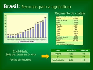 Brasil: Recursos para a agricultura
Orçamento de custeio
Fonte Tradicional Transição
Própria 40% 1/3
CR 40% 1/3
Agroindústria 20% 1/3Fontes de recursos
BR: Orçamento de custeio da agropecuária
Produto Custeio
1.Cana de açúcar 31.000
2.Café 17.000
3.Grãos 71.500
- Algodão 5.500
- Arroz 4.400
- Feijão 4.400
- Milho 22.000
- Soja 33.000
- Trigo 2.200
4. Demais lavouras 44.000
5.Pecuária 66.000
TOTAL 240.500
Em R$ milhões.
Fonte: Sondagem Agroanalysis
Exigibilidade:
30% dos depósitos à vista
 