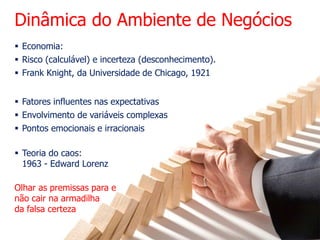 Teoria do caos:
1963 - Edward Lorenz
 Fatores influentes nas expectativas
 Envolvimento de variáveis complexas
 Pontos emocionais e irracionais
Dinâmica do Ambiente de Negócios
 Economia:
 Risco (calculável) e incerteza (desconhecimento).
 Frank Knight, da Universidade de Chicago, 1921
Olhar as premissas para e
não cair na armadilha
da falsa certeza
 