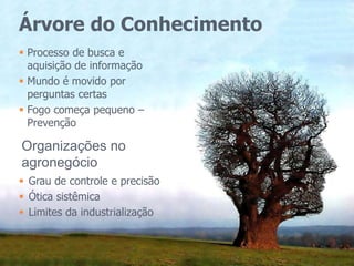 Organizações no
agronegócio
Árvore do Conhecimento
 Processo de busca e
aquisição de informação
 Mundo é movido por
perguntas certas
 Fogo começa pequeno –
Prevenção
 Grau de controle e precisão
 Ótica sistêmica
 Limites da industrialização
 