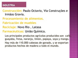 Construcción: Paulo Octavio, Via Construções e
 Irmãos Gravia.
Procesamiento de alimentos.
Fabricación de muebles
Reciclaje: Novo Rio , Latasa
Farmacéuticas: União Química.
 Los principales productos agrícolas producidos son café,
 guayaba, fresa, naranja, limón, papaya, soya y mango.
 Hay más de 110.000 cabezas de ganado, y se exportan
 productos hechos de madera a todo el mundo.
 