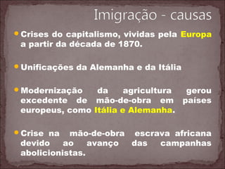 Crises do capitalismo, vividas pela Europa
a partir da década de 1870.
Unificações da Alemanha e da Itália
Modernização da agricultura gerou
excedente de mão-de-obra em países
europeus, como Itália e Alemanha.
Crise na mão-de-obra escrava africana
devido ao avanço das campanhas
abolicionistas.
 