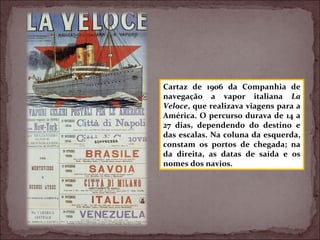 Cartaz de 1906 da Companhia de
navegação a vapor italiana La
Veloce, que realizava viagens para a
América. O percurso durava de 14 a
27 dias, dependendo do destino e
das escalas. Na coluna da esquerda,
constam os portos de chegada; na
da direita, as datas de saída e os
nomes dos navios.
 