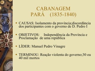 CABANAGEM PARÁ  (1835-1840) CAUSAS: Isolamento da província;discordância dos participantes com o governo de D. Pedro I OBJETIVOS:  Independência da Província e Proclamação  de uma república LÍDER: Manuel Pedro Vinagre TERMINOU: Reação violenta do governo;30 ou 40 mil mortos 