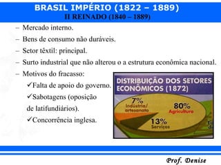 Mercado interno. Bens de consumo não duráveis. Setor têxtil: principal. Surto industrial que não alterou o a estrutura econômica nacional. Motivos do fracasso: Falta de apoio do governo. Sabotagens (oposição  de latifundiários). Concorrência inglesa. 