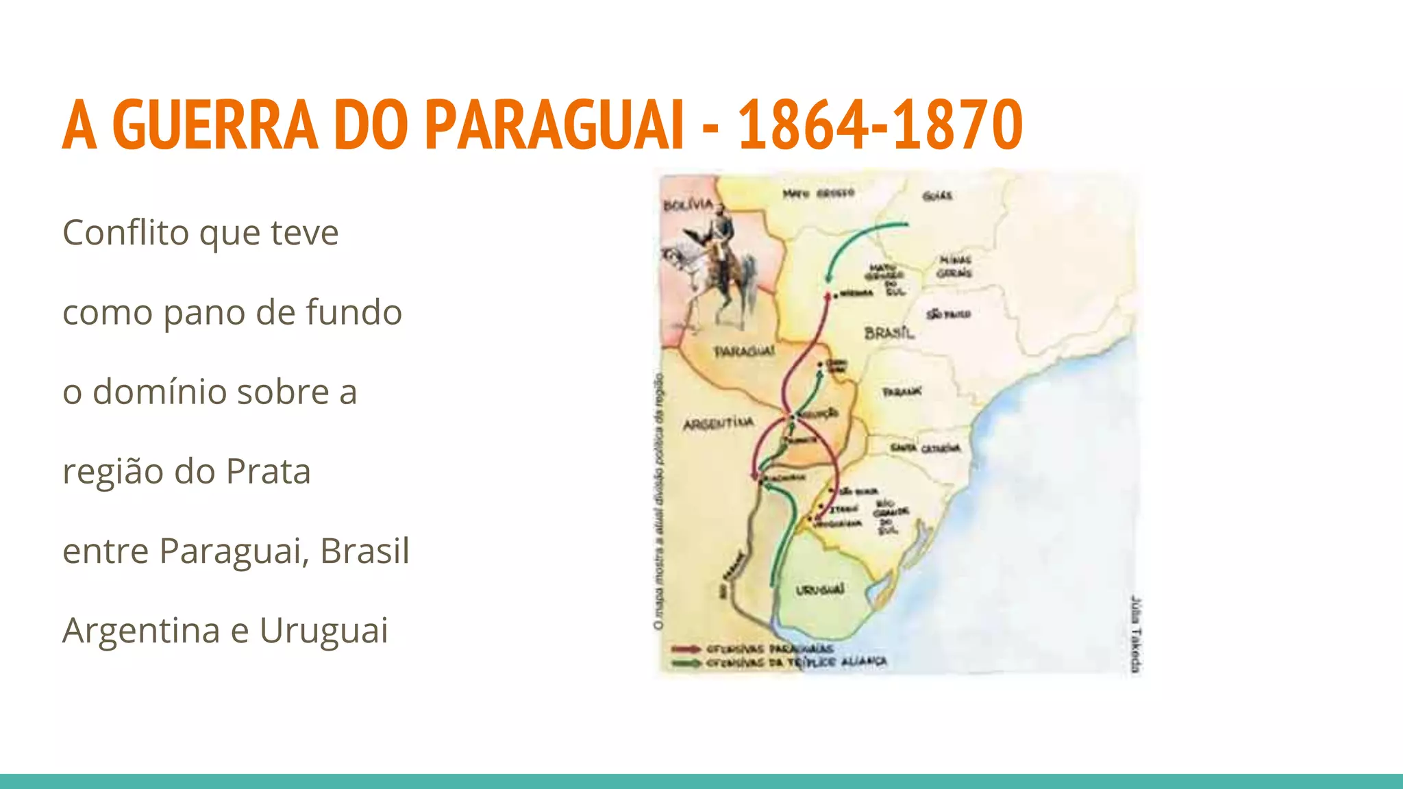 A GUERRA DO PARAGUAI - 1864-1870
Conflito que teve
como pano de fundo
o domínio sobre a
região do Prata
entre Paraguai, Brasil
Argentina e Uruguai
 