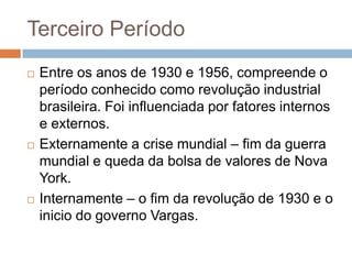 Terceiro Período
 Entre os anos de 1930 e 1956, compreende o
período conhecido como revolução industrial
brasileira. Foi influenciada por fatores internos
e externos.
 Externamente a crise mundial – fim da guerra
mundial e queda da bolsa de valores de Nova
York.
 Internamente – o fim da revolução de 1930 e o
inicio do governo Vargas.
 