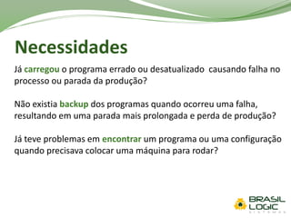 Necessidades
Já carregou o programa errado ou desatualizado causando falha no
processo ou parada da produção?
Não existia backup dos programas quando ocorreu uma falha,
resultando em uma parada mais prolongada e perda de produção?
Já teve problemas em encontrar um programa ou uma configuração
quando precisava colocar uma máquina para rodar?
 
