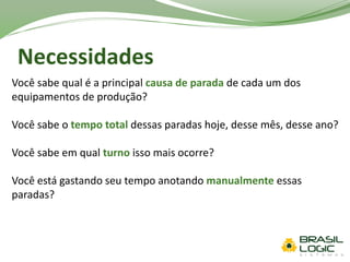 Necessidades
Você sabe qual é a principal causa de parada de cada um dos
equipamentos de produção?
Você sabe o tempo total dessas paradas hoje, desse mês, desse ano?
Você sabe em qual turno isso mais ocorre?
Você está gastando seu tempo anotando manualmente essas
paradas?
 