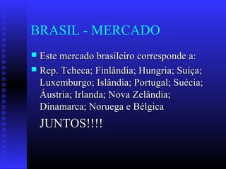 BRASIL - MERCADO
 Este mercado brasileiro corresponde a:Este mercado brasileiro corresponde a:
 Rep. Tcheca; Finlândia; Hungria; Suíça;Rep. Tcheca; Finlândia; Hungria; Suíça;
Luxemburgo; Islândia; Portugal; Suécia;Luxemburgo; Islândia; Portugal; Suécia;
Áustria; Irlanda; Nova Zelândia;Áustria; Irlanda; Nova Zelândia;
Dinamarca; Noruega e BélgicaDinamarca; Noruega e Bélgica
JUNTOS!!!!JUNTOS!!!!
 