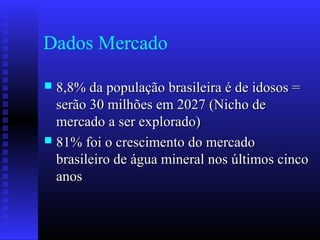 Dados Mercado
 8,8% da população brasileira é de idosos =8,8% da população brasileira é de idosos =
serão 30 milhões em 2027 (Nicho deserão 30 milhões em 2027 (Nicho de
mercado a ser explorado)mercado a ser explorado)
 81% foi o crescimento do mercado81% foi o crescimento do mercado
brasileiro de água mineral nos últimos cincobrasileiro de água mineral nos últimos cinco
anosanos
 