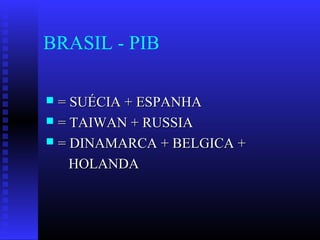 BRASIL - PIB
 = SUÉCIA + ESPANHA= SUÉCIA + ESPANHA
 = TAIWAN + RUSSIA= TAIWAN + RUSSIA
 = DINAMARCA + BELGICA += DINAMARCA + BELGICA +
HOLANDAHOLANDA
 