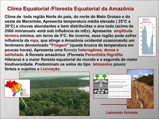 Clima Equatorial /Floresta Equatorial da Amazônia
Clima de toda região Norte do país, do norte do Mato Grosso e do
oeste do Maranhão. Apresenta temperatura média elevada ( 25°C a
30°C) e chuvas abundantes e bem distribuídas o ano todo (acima de
2500 mm/anuais -está sob influência da mEc). Apresenta amplitude
térmica mínima, em torno de 5°C. No inverno, essa região pode sofrer
influência da mpa, que atinge a Amazônia ocidental ocasionando um
fenômeno denominado "Friagem" (queda brusca da temperatura em
poucas horas). Apresenta uma floresta heterogênea, densa e
latifoliada. A floresta amazônica (Floresta Perenifólia Higrófila
Hileiana) é a maior floresta equatorial do mundo e a segunda de maior
biodiversidade. Predominam os solos do tipo latossolos pouco
férteis e sujeitos a Lixiviação.

Latossolo lixiviado

 