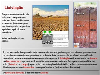 Lixiviação
É o processo de erosão de
solo mais frequente no
país em áreas de florestas
e savanas. Acontece pelo
uso inadequado de práticas
agrárias ( agricultura e
pecuária)
Veja a explicação técnica
abaixo:

É o processo de lavagem do solo, no sentido vertical, pelas águas das chuvas que arrastam
os nutrientes ou os fazem penetrar no subsolo. Este processo de erosão é intensificado
quando o desmatamento torna o solo mais exposto. A lixiviação retira a camada de humus
do horizonte zero e provoca a formação de uma crosta dura e ferrugem na superfície do
solo ( laterita ou canga ) a partir da concentração de hidróxido de ferro e alumínio no solo.
São frequentes nos Latossolos (solos profundos e úmidos sob as florestas)
O Latossolo lixiviado é denominado Laterita

 