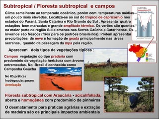 Subtropical / Floresta subtropical e campos
Clima semelhante ao temperado oceânico, porém com temperaturas médias
um pouco mais elevadas. Localiza-se ao sul do trópico de capricórnio nos
estados do Paraná, Santa Catarina e Rio Grande do Sul . Apresenta quatro
estações bem marcadas e grande amplitude térmica. Os verões são quentes,
na maior parte da região Sul e amenas nas Serras Gaúcha e Catarinense. Os
invernos são frescos (frios para os padrões brasileiros). Podem apresentar
precipitações de neve e formação de geada principalmente nas áreas
serranas, quando da passagem da mpa pela região.

Aparecem dois tipos de vegetações típicas :
Campos vegetação do tipo pradaria com
predomínio de vegetação herbácea com árvores
entremeadas. No Brasil é conhecida como
Campanha Gaúcha
No RS práticas
inadequadas geram
Arenização

Floresta subtropical com Araucária - aciculifoliada,
aberta e homogênea com predomínio de pinheiros

O desmatamento para praticas agrárias e extração
de madeira são os principais impactos ambientais

 