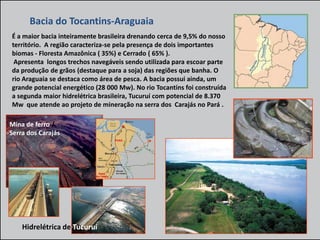 Bacia do Tocantins-Araguaia
É a maior bacia inteiramente brasileira drenando cerca de 9,5% do nosso
território. A região caracteriza-se pela presença de dois importantes
biomas - Floresta Amazônica ( 35%) e Cerrado ( 65% ).
Apresenta longos trechos navegáveis sendo utilizada para escoar parte
da produção de grãos (destaque para a soja) das regiões que banha. O
rio Araguaia se destaca como área de pesca. A bacia possui ainda, um
grande potencial energético (28 000 Mw). No rio Tocantins foi construída
a segunda maior hidrelétrica brasileira, Tucuruí com potencial de 8.370
Mw que atende ao projeto de mineração na serra dos Carajás no Pará .
Mina de ferro /
Serra dos Carajás

Hidrelétrica de Tucuruí

 