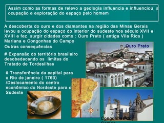 Assim como as formas de relevo a geologia influencia e influenciou a
ocupação e exploração do espaço pelo homem
A descoberta do ouro e dos diamantes na região das Minas Gerais
levou a ocupação do espaço do interior do sudeste nos século XVII e
XVIII e fez surgir cidades como : Ouro Preto ( antiga Vila Rica )
Mariana e Congonhas do Campo
Ouro Preto
Outras consequências
# Expansão do território brasileiro
desobedecendo os limites do
Tratado de Tordesilhas
# Transferência da capital para
o Rio de janeiro ( 1763)
/Deslocamento do centro
econômico do Nordeste para o
Sudeste

Congonhas do

 