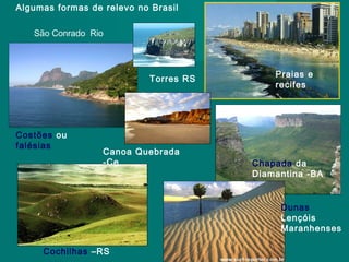 Algumas formas de relevo no Brasil
São Conrado Rio

Torres RS

Costões ou
falésias

Canoa Quebrada
-Ce

Praias e
recifes

Chapada da
Diamantina -BA

Dunas
Lençóis
Maranhenses
Cochilhas –RS

 