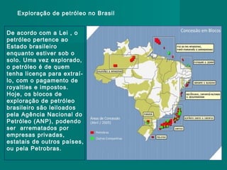Exploração de petróleo no Brasil
De acordo com a Lei , o
petróleo pertence ao
Estado brasileiro
enquanto estiver sob o
solo. Uma vez explorado,
o petróleo é de quem
tenha licença para extraílo, com o pagamento de
royalties e impostos.
Hoje, os blocos de
exploração de petróleo
brasileiro são leiloados
pela Agência Nacional do
Petróleo (ANP), podendo
ser  arrematados por
empresas privadas,
estatais de outros países,
ou pela Petrobras.

 