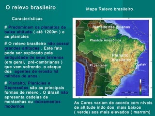 O relevo brasileiro

Mapa Relevo brasileiro

Características
# Predominam os planaltos de
baixa altitude ( até 1200m ) e
as planícies
# O relevo brasileiro não possui
grandes altitudes . Este fato
pode ser explicado pela
antiguidade de seus terrenos
(em geral, pré-cambrianos )
que vem sofrendo o ataque
dos agentes de erosão há
milhões de anos .
# Planalto, Planícies e
Depressões são as principais
formas de relevo . O Brasil não
apresenta cadeias de
montanhas ou dobramentos
modernos

Planalto das guianas

Planície Amazônica

Planalto
brasileiro
Pl.pantanal

Pl.
Costeir
a

As Cores variam de acordo com níveis
de altitude indo dos mais baixos
( verde) aos mais elevados ( marrom)

 