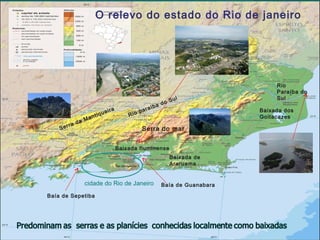 O relevo do estado do Rio de janeiro

ra
Ser

da

M

iqu
ant

eira

o
a d
aíb
par
Rio

Sul

Baixada dos
Goitacazes

Serra do mar
Baixada fluminense
Baixada de
Araruama

cidade do Rio de Janeiro
Baía de Sepetiba

Rio
Paraíba do
Sul

Baía de Guanabara

 