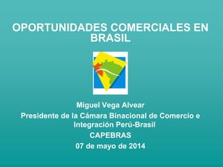 Miguel Vega Alvear 
Presidente de la Cámara Binacional de Comercio e Integración Perú-Brasil 
CAPEBRAS 
07 de mayo de 2014 
OPORTUNIDADES COMERCIALES EN BRASIL  