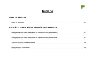 Sumário 
1 
PERFIL DA AMOSTRA 
Perfil da amostra ................................................................................................................................... 01 
SITUAÇÃO ELEITORAL PARA A PRESIDÊNCIA DA REPÚBLICA 
Intenção de voto para Presidente no segundo turno (espontânea) ...................................................... 02 
Intenção de voto para Presidente no segundo turno (estimulada) ....................................................... 03 
Decisão do voto para Presidente .......................................................................................................... 04 
Rejeição para Presidente ...................................................................................................................... 05 
 