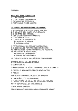 SUMÁRIO


1ª. PARTE - FASE NORDESTINA
1. O MEU LUGAR
2. O ENCONTRO COM LAMPEÁO
3. Os VALORES E COSTUMES
4. A IDA PARA O RIO DE JANEIRO

2ª. PARTE – MINHA VIDA NO RIO DE JANEIRO
1. APRENDENDO A VIVER NO RIO DE JANEIRO.
2. O CONVÍVIO COM A ALTA MALANDRAGEM
3. O CONTATO COM A MÚSICA
4. MEU ENCONTRO COM O PANDEIRO
6. O BATISMO DE FOGO
7. O INICIO NO MUNDO MUSICAL
    Os programas de calouros
    O ponto dos músicos
8. PARTICIPAÇÃO NOS CONJUNTOS REGIONAS
9. O REGIONAL DE PERNAMBUCO DO PANDEIRO
10. A ENTRADA DE HERMETO PASCOAL NO REGIONAL
11. A CARREIRA INTERNACIONAL
    Excursão com Carmélia Alves
    A caravana Humberto Teixeira
12. O MUNDO MUSICAL DAS RÁDIOS E GRAVADORAS

3ª PARTE. MINHA VIDA EM BRASÍLIA
O CONVITE DE JK
O ABANDONO DE UM MÚSICO INTERNACIONAL NO CERRADO
O TRABALHO NA CONSTRUÇÃO DA NOVA CAPITAL
A PRISÃO
PARTICIPAÇÃO NO MEIO MUSICAL EM BRASÍLIA
A FUNDAÇÃO DO CLUBE DO CHORO
A PARTICIPAÇÃO NO CONJUNTO DE WALDIR AZEVEDO
MINHA CONVIVENCIA EM MINAS GERAIS
O RETORNO A BRASÍLIA
PEQUENA HOMENAGEM AOS MEUS “IRMÃOS DE ARMAS”.
 