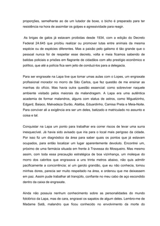 proporções, semelhante ao de um lutador de boxe, o bicho é preparado para ter
resistência na hora de assimilar os golpes e agressividade para reagir.


As brigas de galos já estavam proibidas desde 1934, com a edição do Decreto
Federal 24.645 que proíbiu realizar ou promover lutas entre animais da mesma
espécie ou de espécies diferentes. Mas a paixão pelo galismo é tão grande que o
pessoal nunca foi de respeitar esse decreto, volta e meia ficamos sabendo de
batidas policiais e prisões em flagrante de cidadãos com alto prestígio econômico e
político, que até a polícia fica sem jeito de conduzi-los para a delegacia.


Para ser engraxate na Lapa tive que tomar umas aulas com o Lopes, um engraxate
profissional morador no morro de São Carlos, que fez questão de me ensinar as
manhas do ofício. Mas havia outra questão essencial: como sobreviver naquele
ambiente visitado pelos maiorais da malandragem. A Lapa era uma autêntica
academia de formar malandros, alguns com status de astros, como Miguelzinho,
Edgard, Baiaco, Malvadeza Durão, Ataliba, Eduardinho, Camisa Preta e Meia-Noite.
Para conviver ali a exigência era ser um deles, batizado e matriculado no assunto e
coisa e tal.


Conquistar na Lapa um ponto para trabalhar era correr riscos de levar uma surra
inesquecível. Já havia sido avisado que iria para o local mais perigoso da cidade.
Por isso fiz um diagnóstico da área para saber quais os pontos que já estavam
ocupados, para então localizar um lugar aparentemente devoluto. Encontrei um,
próximo de uma farmácia situada em frente à Travessa do Mosqueiro. Mas mesmo
assim, com toda essa precaução estratégica de boa vizinhança, um moleque do
morro dos cabritos que engraxava a uns trinta metros abaixo, não quis admitir
pacificamente a concorrência; aí um garoto grandão, que eu não conhecia, tomou
minhas dores, parecia ser muito respeitado na área, e ordenou que me deixassem
em paz. Assim pude trabalhar ali tranqüilo, confiante no meu cabo de aço escondido
dentro da caixa de engraxate.


Ainda não possuía nenhum conhecimento sobre as personalidades do mundo
folclórico da Lapa, mas de cara, engraxei os sapatos de algum deles. Lembro-me de
Madame Satã, malandro que ficou conhecido no envolvimento da morte do
 