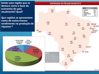 7
Existe uma região que se
destaca como a base da
economia do país
atualmente? Qual?
Que regiões se apresentam
como de maior/menor
rendimento na produção de
riquezas ?
 