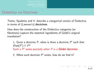 Dialectica Interpretation
Categorical Dialectica
Dialectica via Doctrines
Logical Principles
Dialectica via Doctrines
Trotta, Spadetto and V. describe a categorical version of Dialectica
in terms of (Lawvere’s) doctrines
How does the construction of the Dialectica categories (or
fibrations) capture the essential ingredients of Gödel’s original
translation?
1. Given a doctrine P, when is there a doctrine P′
such that
Dial(P′
) ∼
= P?
Such a P′
exists precisely when P is a Gödel doctrine
2. When such doctrine P′
exists, how do we find it?
9 / 27
 
