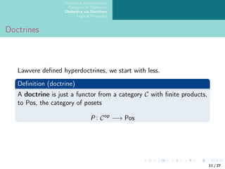 Dialectica Interpretation
Categorical Dialectica
Dialectica via Doctrines
Logical Principles
Doctrines
Lawvere defined hyperdoctrines, we start with less.
Definition (doctrine)
A doctrine is just a functor from a category C with finite products,
to Pos, the category of posets
P : Cop
−→ Pos
11 / 27
 