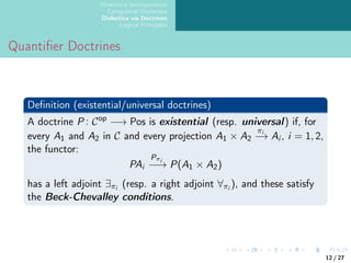 Dialectica Interpretation
Categorical Dialectica
Dialectica via Doctrines
Logical Principles
Quantifier Doctrines
Definition (existential/universal doctrines)
A doctrine P : Cop
−→ Pos is existential (resp. universal) if, for
every A1 and A2 in C and every projection A1 × A2
πi
−
→ Ai , i = 1, 2,
the functor:
PAi
Pπi
−
−
→ P(A1 × A2)
has a left adjoint ∃πi (resp. a right adjoint ∀πi ), and these satisfy
the Beck-Chevalley conditions.
12 / 27
 