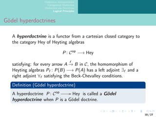 Dialectica Interpretation
Categorical Dialectica
Dialectica via Doctrines
Logical Principles
Gödel hyperdoctrines
A hyperdoctrine is a functor from a cartesian closed category to
the category Hey of Heyting algebras
P : Cop
−→ Hey
satisfying: for every arrow A
f
−
→ B in C, the homomorphism of
Heyting algebras Pf : P(B) −→ P(A) has a left adjoint ∃f and a
right adjoint ∀f satisfying the Beck-Chevalley conditions.
Definition (Gödel hyperdoctrine)
A hyperdoctrine P : Cop // Hey is called a Gödel
hyperdoctrine when P is a Gödel doctrine.
18 / 27
 