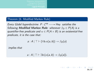 Dialectica Interpretation
Categorical Dialectica
Dialectica via Doctrines
Logical Principles
Theorem (6. Modified Markov Rule)
Every Gödel hyperdoctrine P : Cop // Hey satisfies the
following Modified Markov Rule: whenever βD ∈ P(A) is a
quantifier-free predicate and α ∈ P(A × B) is an existential-free
predicate, it is the case that:
a : A | ⊤ ⊢ (∀b.α(a, b)) → βD(a)
implies that
a : A | ⊤ ⊢ ∃b.(α(a, b) → βD(a)).
20 / 27
 