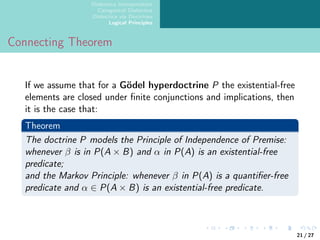 Dialectica Interpretation
Categorical Dialectica
Dialectica via Doctrines
Logical Principles
Connecting Theorem
If we assume that for a Gödel hyperdoctrine P the existential-free
elements are closed under finite conjunctions and implications, then
it is the case that:
Theorem
The doctrine P models the Principle of Independence of Premise:
whenever β is in P(A × B) and α in P(A) is an existential-free
predicate;
and the Markov Principle: whenever β in P(A) is a quantifier-free
predicate and α ∈ P(A × B) is an existential-free predicate.
21 / 27
 