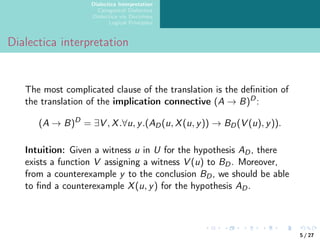 Dialectica Interpretation
Categorical Dialectica
Dialectica via Doctrines
Logical Principles
Dialectica interpretation
The most complicated clause of the translation is the definition of
the translation of the implication connective (A → B)D
:
(A → B)D
= ∃V , X.∀u, y.(AD(u, X(u, y)) → BD(V (u), y)).
Intuition: Given a witness u in U for the hypothesis AD, there
exists a function V assigning a witness V (u) to BD. Moreover,
from a counterexample y to the conclusion BD, we should be able
to find a counterexample X(u, y) for the hypothesis AD.
5 / 27
 