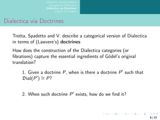 Dialectica Interpretation
Categorical Dialectica
Dialectica via Doctrines
Logical Principles
Dialectica via Doctrines
Trotta, Spadetto and V. describe a categorical version of Dialectica
in terms of (Lawvere’s) doctrines
How does the construction of the Dialectica categories (or
fibrations) capture the essential ingredients of Gödel’s original
translation?
1. Given a doctrine P, when is there a doctrine P′
such that
Dial(P′
) ∼
= P?
2. When such doctrine P′
exists, how do we find it?
9 / 27
 