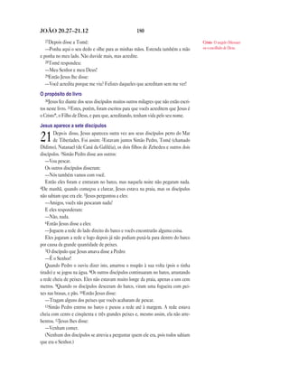 JOÃO 20.27—21.12                                      180
  27Depois disse a Tomé:                                                                Cristo O ungido (Messias)
   —Ponha aqui o seu dedo e olhe para as minhas mãos. Estenda também a mão              ou o escolhido de Deus.
e ponha no meu lado. Não duvide mais, mas acredite.
   28Tomé respondeu:
   —Meu Senhor e meu Deus!
   29Então Jesus lhe disse:
   —Você acredita porque me viu? Felizes daqueles que acreditam sem me ver!
O propósito do livro
   30Jesus fez diante dos seus discípulos muitos outros milagres que não estão escri-
tos neste livro. 31Estes, porém, foram escritos para que vocês acreditem que Jesus é
o Cristo*, o Filho de Deus, e para que, acreditando, tenham vida pelo seu nome.
Jesus aparece a sete discípulos
        Depois disso, Jesus apareceu outra vez aos seus discípulos perto do Mar
21      de Tiberíades. Foi assim: 2Estavam juntos Simão Pedro, Tomé (chamado
Dídimo), Natanael (de Caná da Galiléia), os dois filhos de Zebedeu e outros dois
discípulos. 3Simão Pedro disse aos outros:
   —Vou pescar.
   Os outros discípulos disseram:
   —Nós também vamos com você.
   Então eles foram e entraram no barco, mas naquela noite não pegaram nada.
4De manhã, quando começou a clarear, Jesus estava na praia, mas os discípulos
não sabiam que era ele. 5Jesus perguntou a eles:
   —Amigos, vocês não pescaram nada?
   E eles responderam:
   —Não, nada.
   6Então Jesus disse a eles:
   —Joguem a rede do lado direito do barco e vocês encontrarão alguma coisa.
   Eles jogaram a rede e logo depois já não podiam puxá-la para dentro do barco
por causa da grande quantidade de peixes.
   7O discípulo que Jesus amava disse a Pedro:
   —É o Senhor!
   Quando Pedro o ouviu dizer isto, amarrou o roupão à sua volta (pois o tinha
tirado) e se jogou na água. 8Os outros discípulos continuaram no barco, arrastando
a rede cheia de peixes. Eles não estavam muito longe da praia, apenas a uns cem
metros. 9Quando os discípulos desceram do barco, viram uma fogueira com pei-
xes nas brasas, e pão. 10Então Jesus disse:
   —Tragam alguns dos peixes que vocês acabaram de pescar.
   11Simão Pedro entrou no barco e puxou a rede até à margem. A rede estava
cheia com cento e cinqüenta e três grandes peixes e, mesmo assim, ela não arre-
bentou. 12Jesus lhes disse:
   —Venham comer.
   (Nenhum dos discípulos se atrevia a perguntar quem ele era, pois todos sabiam
que era o Senhor.)
 