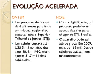 EVOLUÇÃO ACELERADA ONTEM Um processo demorava de 6 a 8 meses para ir de um tribunal regional ou estadual para o Superior Tribunal de Justiça (STJ); Um celular custava até US$ 5 mil no início dos anos 90. Em 1992, eram apenas 31,7 mil linhas habilitadas. HOJE Com a digitalização, um processo pode levar apenas dez dias para chegar ao STJ, Brasília. O aparelho pode sair até de graça. Em 2009, mais de 169 milhões de celulares estavam em funcionamento. 