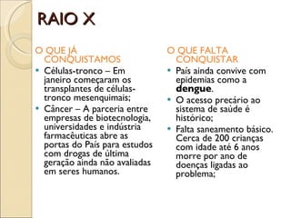 RAIO X O QUE JÁ CONQUISTAMOS Células-tronco – Em janeiro começaram os transplantes de células-tronco mesenquimais; Câncer – A parceria entre empresas de biotecnologia, universidades e indústria farmacêuticas abre as portas do País para estudos com drogas de última geração ainda não avaliadas em seres humanos. O QUE FALTA CONQUISTAR País ainda convive com epidemias como a  dengue . O acesso precário ao sistema de saúde é histórico; Falta saneamento básico. Cerca de 200 crianças com idade até 6 anos morre por ano de doenças ligadas ao problema; 