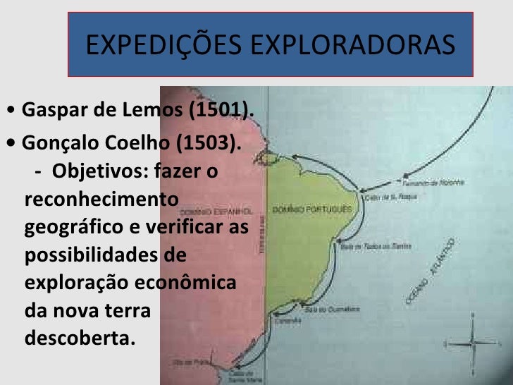 EXPEDIÃÃES EXPLORADORAS <ul><li>⢠Gaspar de Lemos (1501). </li></ul><ul><li>⢠Gonçalo Coelho (1503). - Objetivos: faz...