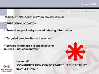 DIFUSE COMMUNICATION POOR COMMUNICATION BETWEEN KIA AND DEALERS 2)  UNDERSTANDING KIA BUSINESS BY 2004 Several ways of entry caused missing information Targeted people often not reached Service information found in several sources – not concentrated Lesson #3: “ COMMUNICATION IS IMPORTANT BUT THERE MUST HAVE A FLOW  .” 