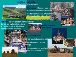 Região Sudeste   Humanas   : Região mais populosa e mais densamente povoada  Forte urbanização - Duas maiores Metrópoles Rio e São Paulo  Forte miscigenação étnica e cultural  Naturais  :relevo predominante de  serras e planaltos , clima tropical e tropical de altitude , bioma da mata Atlântica  Econômicas  : Maior parque industrial do país  Agropecuária com  uso de tecnologia  90% da produção de petróleo ( plataforma continental ) do país  Algumas características : Região com maior impacto ambiental do país   