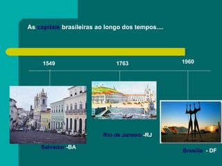 As  capitais  brasileiras ao longo dos tempos.... 1549 1763 1960 Salvador  -BA Rio de Janeiro  -RJ Brasília  - DF 
