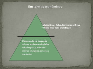 Em termos econômicosCafeicultores defendiam uma política voltada para agro-expotação.Classe média e a burguesia urbana, apoiavam atividades voltadas para o mercado interno (indústria, serviços e comércio)
